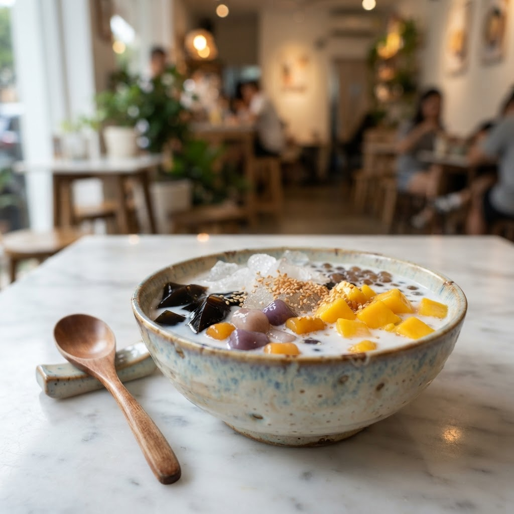 A customizable coconut milk dessert bowl with taro balls and grass jelly served at Eversweet