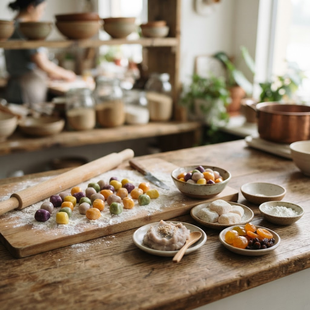 Handmade taro balls, taro paste, and preserved fruit being freshly prepared at Eversweet